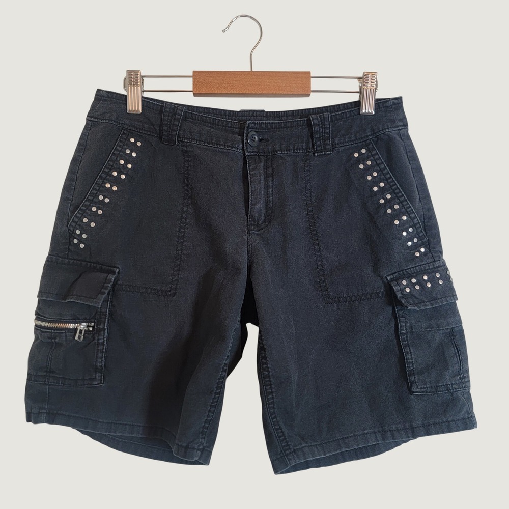 Y2K Low Rise Grunge‎ Black Linen Blend Studded Cargo Shorts Sz 2 New York & Co.